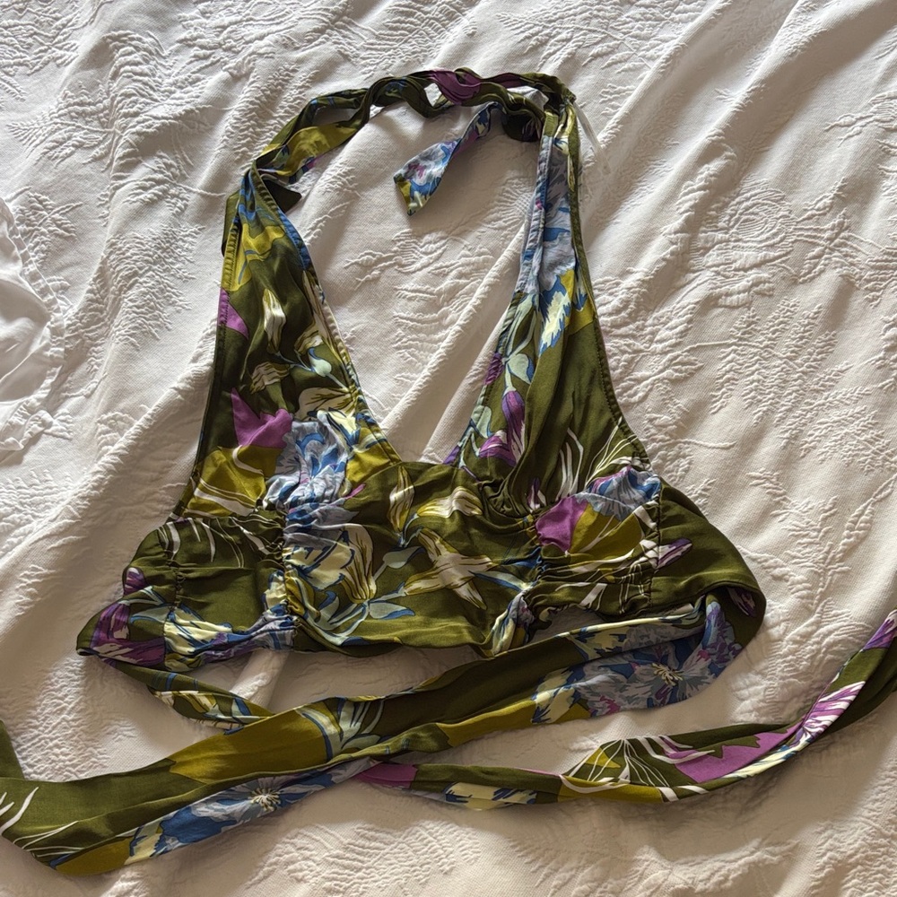 Free People Floral Halter Crop Top - Green and Purple